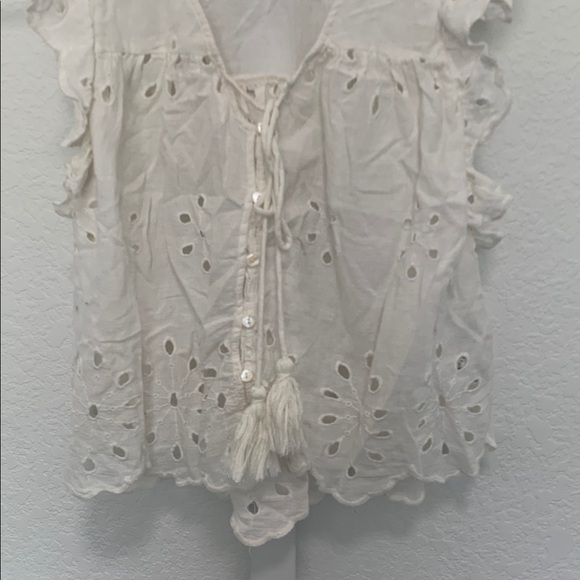 Zara Boho Eyelet White Tie Neck Button Top - Picture 4 of 8